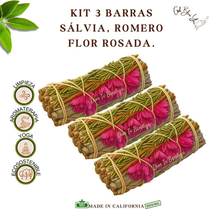 Kit de 3 Barras de Salvia, Romero y Flor Rosada.