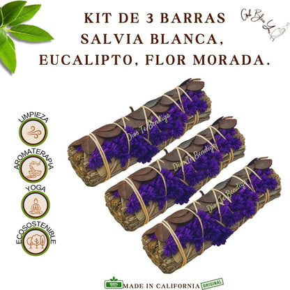 Kit de 3 Barras Salvia Blanca,Eucalipto, Flor Morada