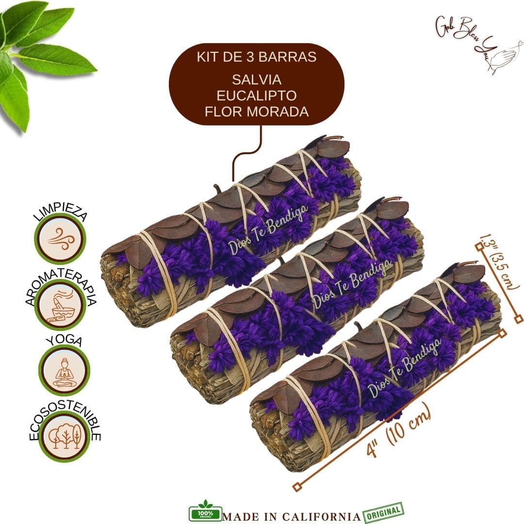 Kit de 3 Barras Salvia Blanca,Eucalipto, Flor Morada