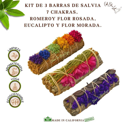 Kit de 3 Barras Salvia, 7 Chakras, Romero y Flor Rosada, Eucalipto y Flor Morada