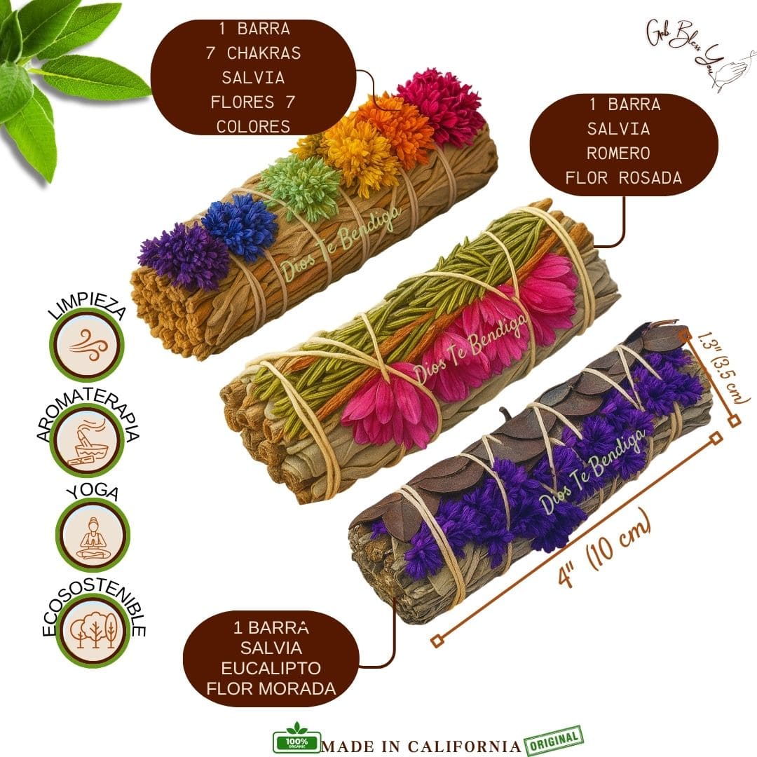 Kit de 3 Barras Salvia, 7 Chakras, Romero y Flor Rosada, Eucalipto y Flor Morada